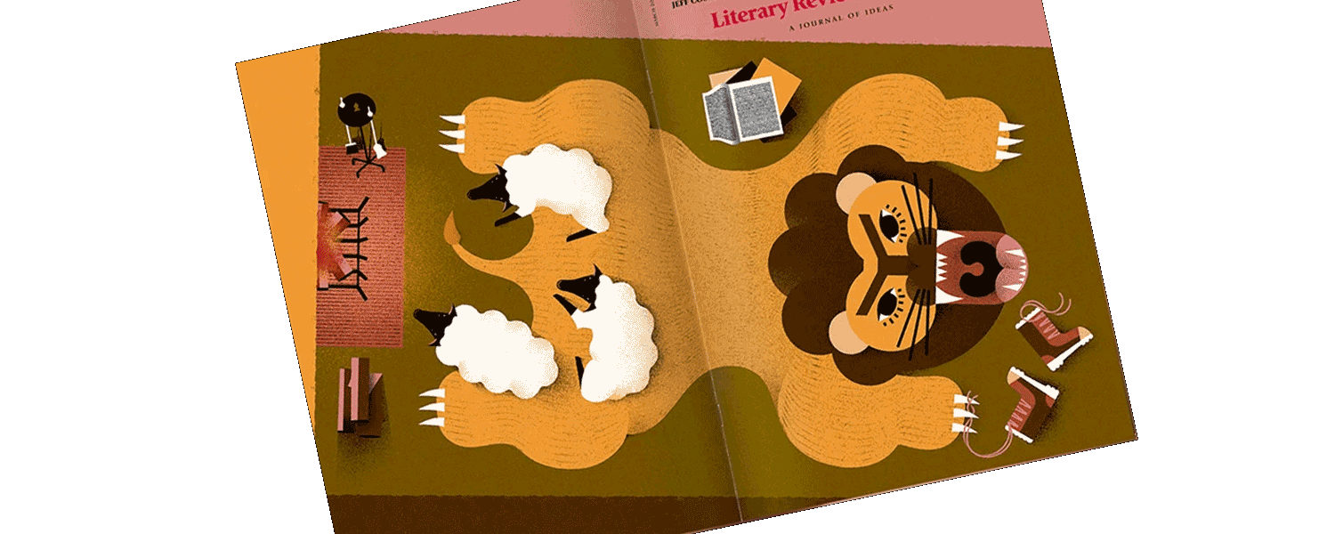"In Like a Lion, Out Like a Lamb" cover and back illustration. One of the rare occasions when there was an opportunity to illustrate both the front and back of a publication. While the front shows the roaring lion, the back depicts the lion as a carpet, with the sheep relaxing around the fireplace. Illustration&hellip;