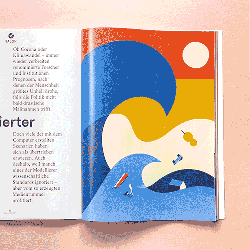 A two-page spread illustrating the contrast between serenity and chaos. Together, they explore the fragility of balance and the suddenness of change.